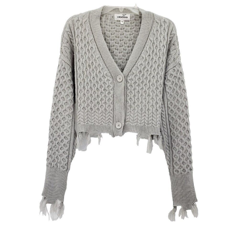 Vigoss Cropped Cardigan Womens M Gray Cable Knit Frayed Distressed Deconstructed